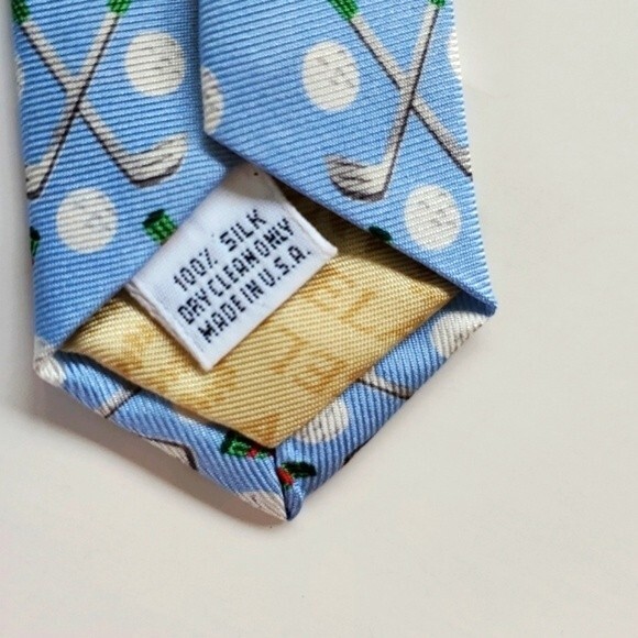 ANGELA MOORE SILK GOLF MEN'S TIE BLUE WHITE SPRING CLUBS GOLF BALLS - Picture 3 of 6